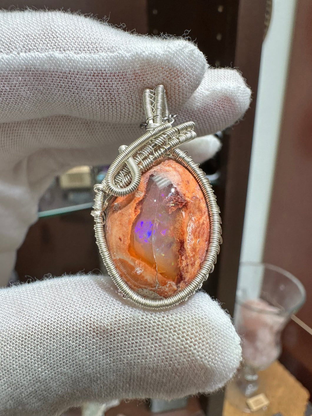Mexican Fire Opal wrapped in 935 Agentium Silver Wire