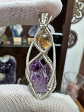 Load image into Gallery viewer, Gold Rutile in Quartz &amp; Amethyst wrapped in 935 Agentium Silver Wire
