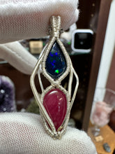 Load image into Gallery viewer, Black Fire Opal &amp; Ruby wrapped in 935 Agentium Silver Wire
