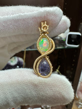 Load image into Gallery viewer, Fire Opal &amp; Tanzanite wrapped in 14/20 Gold Fill Wire

