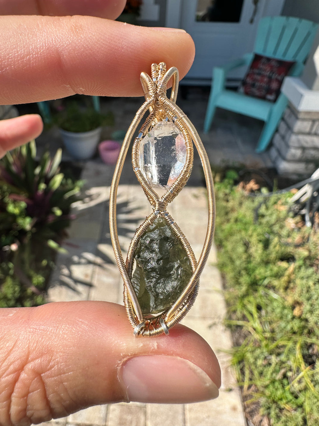 Herkimer Diamond & Moldavite wrapped in 14/20 Gold Fill Wire