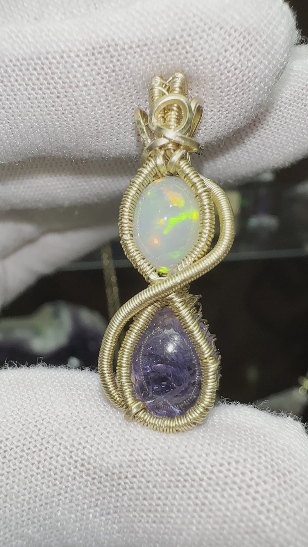 Fire Opal & Tanzanite wrapped in 14/20 Gold Fill Wire