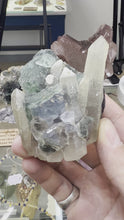 Load and play video in Gallery viewer, Green Octahedral Fluorite with Candle Quartz
