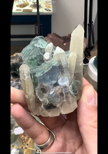 Load image into Gallery viewer, Green Octahedral Fluorite with Candle Quartz
